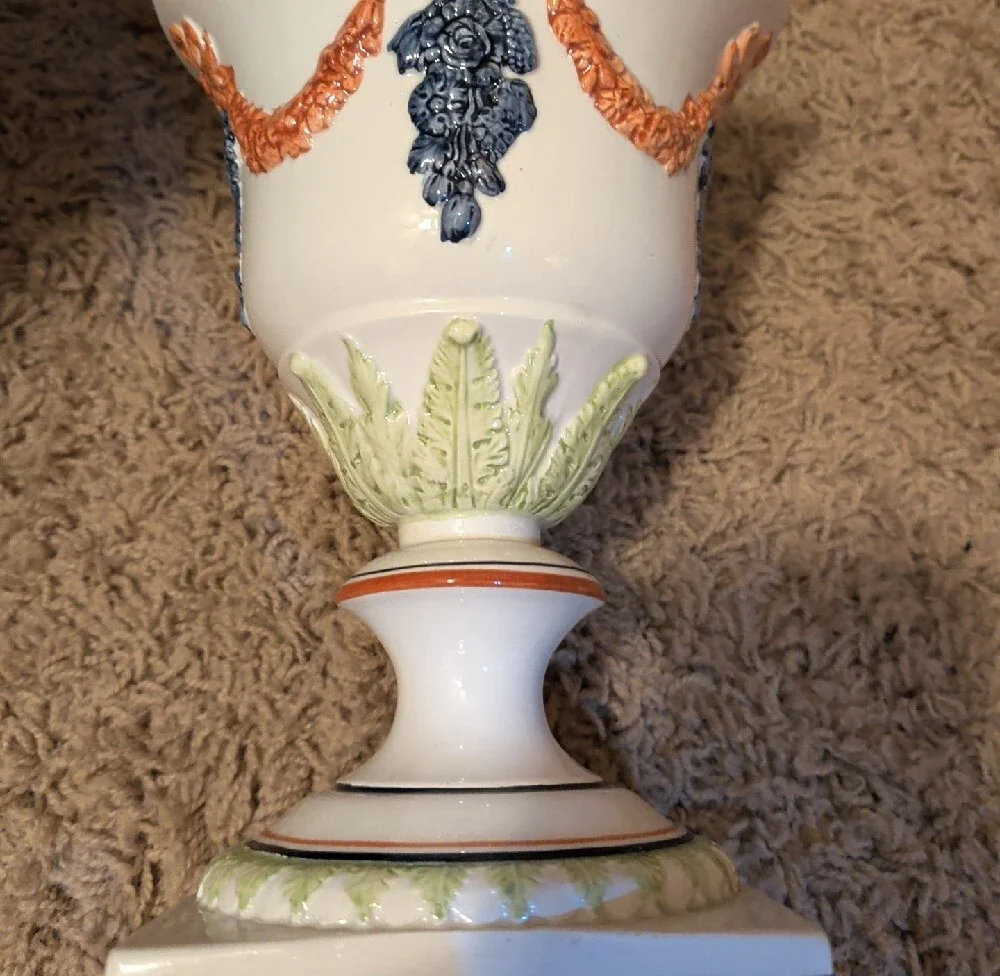 Vintage Italian Mottahhedeh Decorator Urn with Multicolor Relief Accents And Lid